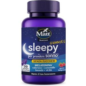 Matt, Sleepy Gummies, Pastiglie Gommose per Prendere Sonno a Base di Melatonina, Valeriana, Camomilla, Lavanda e Vitamina B6, Favorisce il Rilassamento e il Sonno, Gusto Lampone, 90g