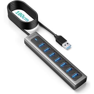 GiGimundo HUB USB 3.0, Hub USB 3.0 in Alluminio a 7 Porte per Laptop, Cavo Lungo 1,8m con Porta di Alimentazione Type-C 5V/3A, Compatibile con MacBook, PS4, Surface Pro, HDD Mobile (1,8m)