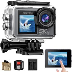 Ruycllo Action Cam 5K/4K 50MP Fotocamera Subacquea, Dual Screen Videocamera con Stabilizzatore EIS, WiFi, 2 Batterie, Grandangolo 170° per Immersioni, Vlog, Telecamera Moto-Senza Scheda di Memoria