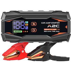 A2C jump starter auto, 12V booster avviamento auto(fino a 6,0l benzina o 3,0l diesel), power bank 16800mAh (PD/QC 3.0) con 3 porte USB C, booster con cavi di avviamento, display LED e luce