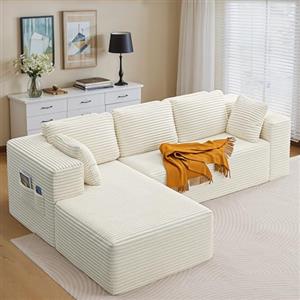 Xbro Divano 3 Posti a L Componibile in Velluto a Coste, Sofa Moderno per Soggiorno con Cuscini e Tasche Laterali, Schiuma 30D Alta Densità, 250x160x62 cm, Beige