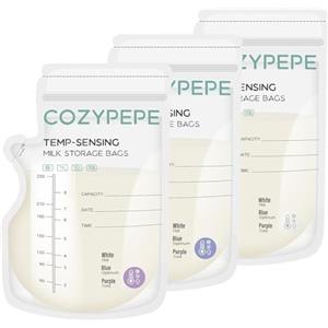 COZYPEPE 50 Pezzi Sacchetti Latte Materno, Sacchetti Per Latte Materno da 250ml con Beccuccio per Versare, per Conservare il Latte Materno, con Rilevamento Della Temperatura, Sacchetti Singoli Senza BPA