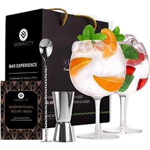 VEMACITY Set Bicchieri Gin Tonic Classico | 2 Bicchieri a Palloncino (550ml) | Cucchiaio Bar e Misurino in Argento | Kit Gin Tonic Regalo | Bicchiere per Aperol Spritz | Ideale per Fare un Regalo