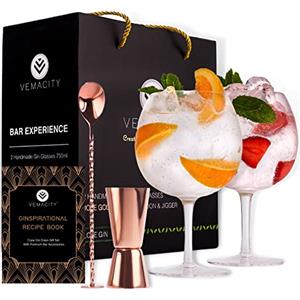 VEMACITY Set di 2 Bicchieri Gin Tonic di Lusso | Bicchiere Gin Tonic Fatto a Mano 700ml | Misurino Cocktail & Cucchiaio Oro Rosa | Bonus eBook di Ricette| Gin Tonic Kit Regalo | Bicchieri Gin Tonic Particolari