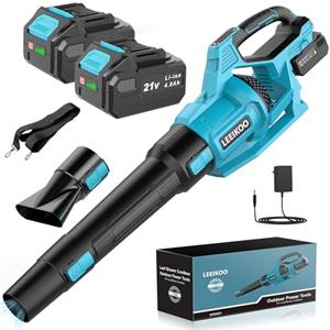 LEEIKOO 21V Soffiatore a Batteria, Soffiatore Foglie con 2 Batteria 4,0Ah, 3 Impostazioni di Velocità, 2 Tubi di Soffiaggio Staccabili, Cintura per Fango la Pulizia del Giardino