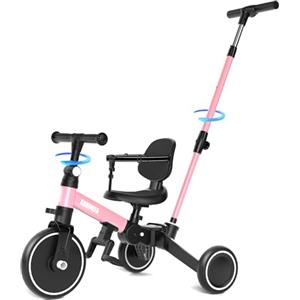 KORIMEFA Bicicletta per bambini, Triciclo a 3 ruote per bambini da 1-3 anni,maniglia di spinta, pedale rimovibile,schienale,maniglia di guida per i genitori,Natale per il primo compleanno (Rosa)
