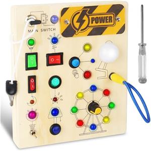 LIAILA Busy Board Montessori 1 Anno, Giochi Montessori in Legno con 10 Interruttori e 19 Luci LED, Pannello Sensoriale Activity Board Educativa, Giochi Bambini 1 2 3 4 Anni Regalo Bimbo e Bimba