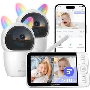 CZEview 2K/5,0" LCD Baby Monitor Video e Audio, Telecamera Bambini con Monitor, PTZ 360°, Controllo Tramite APP Mobile & Monitor, Rilevamento di Grida/Movimento (bianco nero) (Bianco con 1 fotocamere)