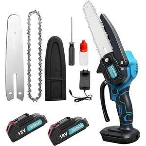 JUTOSGSKW Motosega mini a batteria da 6 pollici con 2 batterie da 3.0Ah e cavo di ricarica, funzione di blocco di sicurezza per giardinaggio, potatura e taglio efficiente del legno (motore potente)