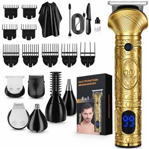 R-CUT Kit rasaerba barba capelli uomo, rasoio elettrico ricaricabile lama in acciaio, 10 zoccoli diverse lunghezze, display a LED, senza fili, design ergonomico, perfetto per la casa e i viaggi