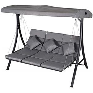 Outsunny Dondolo da Giardino a 3 Posti, Dondolo da Esterno con Chaise Longue e Tetto Regolabile, Nero e Grigio, 200 x 115 x 168 cm