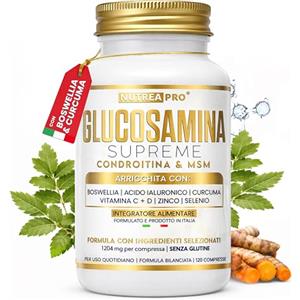 NUTREA PRO Glucosamina Condroitina msm integratore 2408 mg/giorno NUTREA PRO® con Boswellia Serrata Alto Dosaggio, Acido Ialuronico, Curcuma, Vitamina C,D, Zinco. Integratore articolazioni. Cartilagine ginocchio