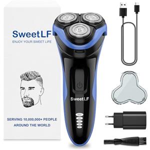 SweetLF (2025 Nuovo) Rasoio Elettrico Uomo,Regolabarba con Testine Rotanti 4D, Rasoio Ricaricabile Wet & Dry con Display LED, Rasatura Impermeabile IPX7 (Blu Nero)
