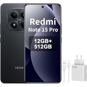 XIAOMI REDMI Note 15 Pro 4G Smartphone da 12+512GB, Batteria da 6500 mAh, Fotocamera da 200 MP, Display AMOLED FHD+ da 6,77 pollici, Nero, Included 67 W Charger