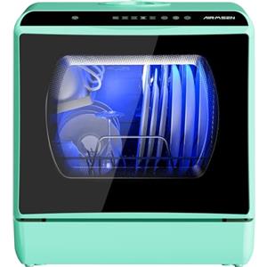 AIRMSEN Mini Lavastoviglie da Tavolo 5+1 Programmi, Serbatoio 5L, 2 Modi di Approvvigionamento Idrico, Touch Control e Display LED, Ideale per Cucine, Appartamenti e Dormitori, Verde