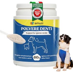 amusi Dentifricio per Cani in Polvere 60 g con Ascophyllum Nodosum e Menta - Mangime Complementare per la Pulizia Denti Cane e l'Alito Fresco - Polvere Denti Cane Naturale per l'Igiene Orale