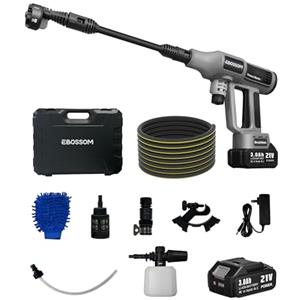 EBOSSOM Idropulitrice a Batteria 65Bar, Pistola Pulitore ad Alta Pressione Portatile Jet Mobile Nozzle Regolabile 6-in-1 per Lavaggio Auto Giardino Prato e Irrigazione Piante Pressure Washer(2X 3Ah Batteria)