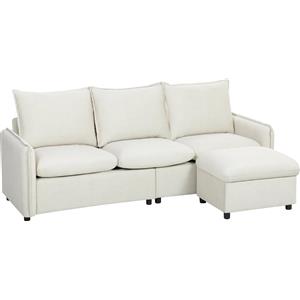 HOMCOM Divano Angolare 3 Posti Modulare in Tessuto Effetto Pelle Traspirante con Contenitore Poggiapiedi, Cuscini, Crema | Aosom Italy