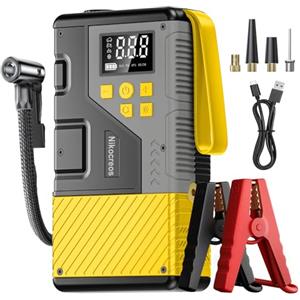 Nikocreos Avviatore Portatile per Auto con Compressore di Aria per Emergenze, 3000A di Picco e 150 PSI Massimo, per Motori a Gasolina da 12L e Diesel da 10L, Display LCD, Luce LED (Giallo)