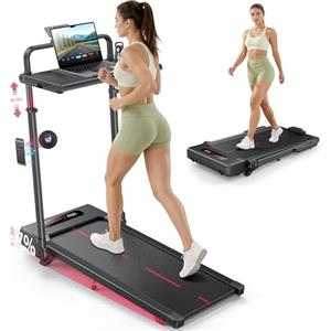 HomeTro Tapis Roulant Elettrico salvaspazio Pieghevole con inclinazione, 3,0HP, 1-12 km/h, Nastro 40×100 cm, Montante Estensibile 15 cm, Tavolino Removibile, APP Bluetooth, Telecomando Magnetico,ROSSO-NERO