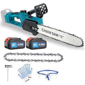 JUTOSGSKW Motosega a batteria da 12 pollici con 2 batterie da 18V 5,5 Ah e caricabatterie, motore in rame da 4100 giri/min, lubrificazione automatica, motosega senza spazzole per potatura alberi, taglio legna