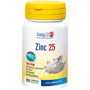 LongLife Zinc 25 mg - Integratore Alimentare per Sistema Immunitario e Salute di Capelli, Unghie e Pelle - 100 Compresse