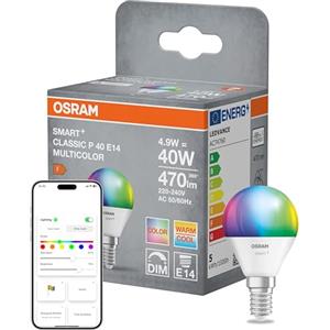 OSRAM Lampada LED SMART+ Matter P40 mini a forma di sfera 4,9W E14 RGBW, dimmerabile, controllabile tramite app e voce, compatibile con Alexa, Google, Apple, WiFi
