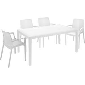 Dmora - Set Salotto da Esterno Tarquinia, Salottino Outdoor e Indoor, Tavolo Rettangolare Fisso con 4 sedie impilabili, Made in Italy, Bianco