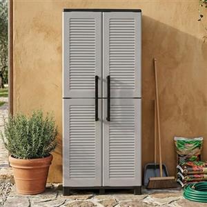 Dmora - Armadio da esterno Veurne, Armadio porta scope, Mobile outdoor 2 ante, 100% Made in Italy, 68x37h169 cm, Grigio chiaro e Nero, Finitura righe