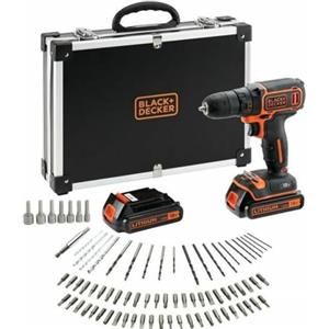 BLACK+DECKER Kit trapano 18V Cordless con 2 batterie da 1,5Ah, caricatore rapido, set di accessori da 80 pezzi e custodia da trasporto, BDCDC18BAFC-QW
