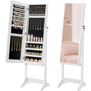 SONGMICS Specchio Portagioie da Terra, Armadietto Portagioielli, Specchio a Figura Intera, con Serratura, Idea Regalo, Superficie Bianca e Fodera Nera JJC69WT