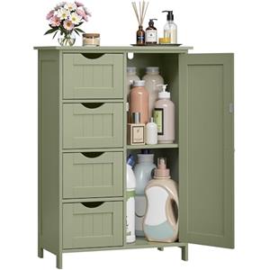 VASAGLE Mobile da Bagno, Mobiletto per Bagno Stretto, Organizzatore, Cassettiera, con 4 Cassetti, Anta, Ripiano Regolabile, 30 x 55 x 82 cm, Verde Foresta LHC041C02