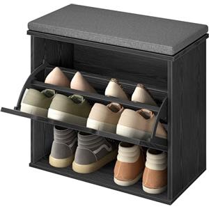 VASAGLE Panchina Scarpiera a 3 Ripiani per 6 Paia di Scarpe, Panca da Ingresso, Cassetto a Ribalta con Divisorio Regolabile, 30 x 60 x 53,5 cm, per Camera, Nero Ebano e Grigio Ardesia LSB121BE01