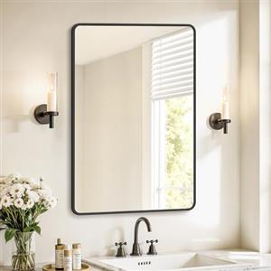 SONGMICS Specchio Bagno, Specchio da Parete, Rettangolare, Cornice in Alluminio, 91 x 61 cm, Pellicola di Sicurezza, 2 Opzioni di Sospensione, Soggiorno Camera da Letto, Nero Inchiostro LWM010BD01