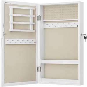 SONGMICS Armadietto Portagioie da Parete, Specchiera Portagioielli con Serratura, Organizzatore per Gioielli con Specchio, Salvaspazio, Esterno Bianco, Interno Greige JJC051W02