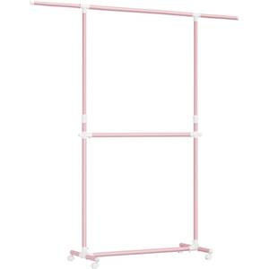 SONGMICS Stand Appendiabiti Doppio, Attaccapanni Estensibile con Ruote, Altezza Regolabile 113-180 cm, Barra Centrale Regolabile, Rosa Pastello LLR401R01
