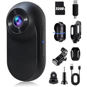 HOFAOUG Mini Action Cam Portatile, Body Cam Dimensione Pollice, Memoria Integrata 32GB, Mini Action Camera, Pov Camera, Bodycam Multifunzione, per Viaggi, Ciclismo e Avventure All'aperto (Nero Opaco)