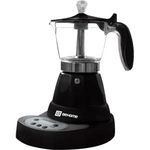 BEHOME Caffettiera Elettrica Programmabile Moka Elettrica 3 Tazze con Timer, Caffè Caldo per 30 Minuti, Base Rotante a 360°, in Alluminio Nera (Con Timer)