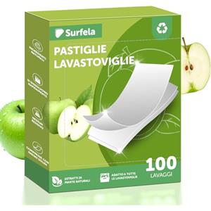 Surfela Fogli per Lavastoviglie - 100 Lavaggi, senza Plastica e Sostenibile, Pulizia Potente con Enzimi Proteasi contro Proteine e Grassi, Ricambio Ecologico per Pastiglie per Lavastoviglie, Mela