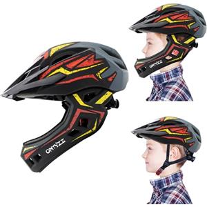 ONTYZZ Casco da Bicicletta per Bambini Leggero Casco Integrale con Mentoniera Staccabile Visiera Rimovibile Casco Kids Downhill per Balance Bike Scooter Roller Skates Rosso-Giallo/M