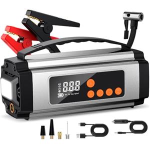 Onherm 7-in-1 Booster Avviatore Auto con Compressore 150PSI, 2000A Avviatore Batteria Auto/Moto per 12V 8L Benzina e 5L Diesel, Avviatore Emergenza con Torcia, Jump Starter con USB-C e Display LCD