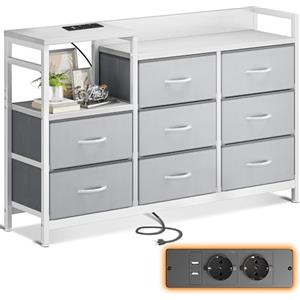 ODK Cassettiera, 2 porte USB e 2 porte AC, Cassettiera Multifunzionale per Camera da Letto e Soggiorno - Credenza Stabile e Durevole, 132 * 30 * 88 cm, Bianco e Grigio Chiaro