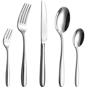 Velaze Set di Posate da Tavola per 12 Persone, Set 60 Pezzi in Acciaio Inox 18/10, Posate Servizio 12 Cucchiaio, 12 Forchetta, 12 Coltello, 12 Cucchiaino tè, 12 Forchetta Dolce - Argento (C60)