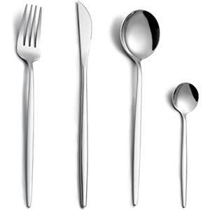 Pleafind Set posate, Pleafind set di posate per 6 persone, 24 pezzi posate in argento, posate acciaio inox con coltello, forchetta, cucchiaio, lavabili in lavastoviglie＆lucidate a specchio
