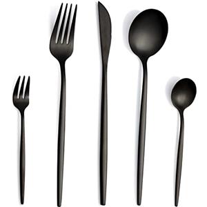 Pleafind Set di posate per 6 persone, 30 pezzi, in acciaio inox, posate nere con coltello, forchetta, cucchiaio, lavabili in lavastoviglie, nero opaco