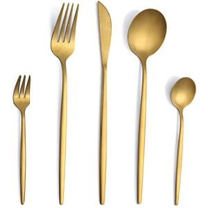 Pleafind Set di posate oro per 6 persone, 30 pezzi, in acciaio inox, posate dorate con coltello, forchetta, cucchiaio, lavabili in lavastoviglie, colore oro opaco
