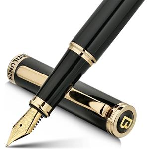 BEILUNER Penna Stilografica di Lusso, Finitura Laccata con Fregi e Pennino Dorati 24K, Regalo Affidabile con Convertitore per Lui e Lei, Penna Elegante - Nero & Oro, Pennino Medio