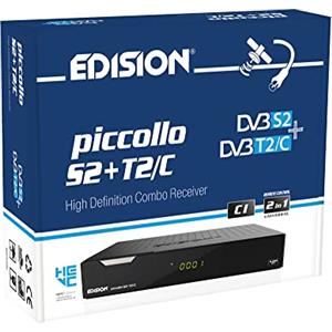 EDISION PICCOLLO S2+T2/C Decoder Combo HD, Ricevitore Digitale satellitare e terrestre Full HD DVB-S2 DVB-T2 DVB-C H265 HEVC, 2xUSB, HDMI, RCA, LAN, CI, Supporto USB WiFi, Telecomando Universale 2in1