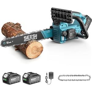 SEESII Motosega a Batteria 12 Pollici, 1200W Motosega Elettrica Motore Brushless, 2x4000mAh Batterie, Tensionamento Catena Senza Attrezzi, Perfetta per Potatura e Taglio del Legno