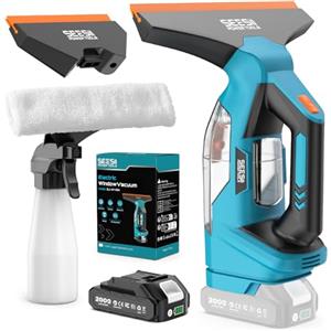 Seesii Lavavetri Aspiragocce | Autonomia 60 Min, Aspirazione 2000 PA, Bocchette 28-17 cm, Serbatoio 150 ml Rimovibile，Flacone spray, Panno Microfibra, Batteria 2000 mAh per Finestre, Specchi e Doccia